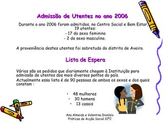 Admissão de Utentes no ano 2006 Durante o ano 2006 foram admitidos, no Centro Social e Bem Estar,  19 utentes: - 17 do sexo feminino - 2 do sexo masculino.  A proveniência destes utentes foi sobretudo do distrito de Aveiro.     Lista de Espera   Vários são os pedidos que diariamente chegam à Instituição para admissão de utentes dos mais diversos pontos do país. Actualmente essa lista é de 90 pessoas de ambos os sexos e dos quais constam :  48 mulheres  30 homens  13 casais  Ana Almeida e Valentina Dionísio Práticas de Acção Social 10ºC 