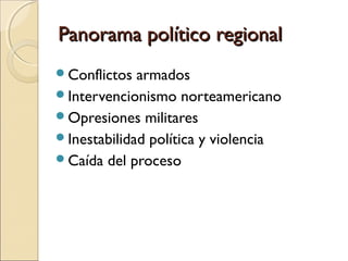 Panorama político regionalPanorama político regional
Conflictos armados
Intervencionismo norteamericano
Opresiones militares
Inestabilidad política y violencia
Caída del proceso
 