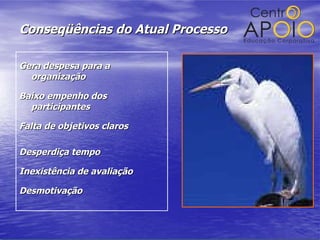 Conseqüências do Atual Processo Gera despesa para a organização Baixo empenho dos participantes Falta de objetivos claros Desperdiça tempo Inexistência de avaliação Desmotivação 
