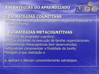 ESTRATÉGIAS DO APRENDIZADO ESTRATÉGIAS COGNITIVAS Utilização de estratégias para adquirir, organizar e utilizar o conhecimento. ESTRATÉGIAS METACOGNITIVAS Regulação do progresso cognitivo; Sujeitos eficientes na execução de tarefas organizacionais; Competências metacognitivas bem desenvolvidas; Demonstram compreender a finalidade da tarefa; Planejam a sua realização e Aplicam e alteram conscientemente estratégias. 