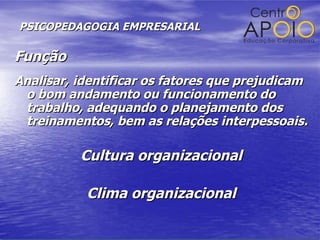 PSICOPEDAGOGIA EMPRESARIAL Função Analisar, identificar os fatores que prejudicam o bom andamento ou funcionamento do trabalho, adequando o planejamento dos treinamentos, bem as relações interpessoais. Cultura organizacional Clima organizacional 