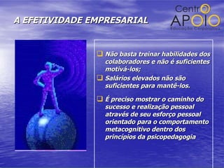 A EFETIVIDADE EMPRESARIAL Não basta treinar habilidades dos colaboradores e não é suficientes motivá-los; Salários elevados não são suficientes para mantê-los. É preciso mostrar o caminho do sucesso e realização pessoal através de seu esforço pessoal orientado para o comportamento metacognitivo dentro dos princípios da psicopedagogia 