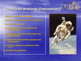 Cenário do Ambiente Empresarial Domínio coletivo da tecnologia Acirrada concorrência de mercado interno Concorrência mundial Aumento do clima de ansiedade dos trabalhadores Redução dos níveis de lucratividade das organizações Aumento das necessidades pessoais dos empregados Processos e sistemas produtivos mais  complexos Clientes mais exigentes  