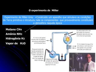 O experimento de  Miller Experimento de Miller-Urey  =Construído um aparelho que simulava as condições  da Terra primitiva e introduziu nele os componentes  que provavelmente constituíam a atmosfera naquela época  Metano CH 4 Amônia NH 3 Hidrogênio H 2 Vapor de  H 2 O 