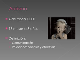 4 de cada 1,000 18 meses a 3 años Definición: Comunicación Relaciones sociales y afectivas
