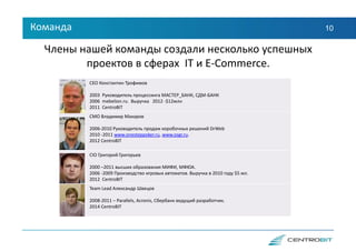 Команда 10
CEO Константин Трофимов
2003 Руководитель процессинга МАСТЕР_БАНК, СДМ-БАНК
2006 mebelion.ru. Выручка 2012 -$12млн
2011 CentroBIT
CMO Владимир Макаров
2006-2010 Руководитель продаж коробочных решений DrWeb
2010 -2011 www.onesteppoker.ru, www.osgr.ru.
2012 CentroBIT
CIO Григорий Григорьев
2000 –2011 высших образования МИФИ, МФЮА.
2006 -2009 Производство игровых автоматов. Выручка в 2010 году $5 мл.
2012 CentroBIT
Team Lead Александр Швецов
2008-2011 – Parallels, Acronis, Сбербанк ведущий разработчик.
2014 CentroBIT
Члены нашей команды создали несколько успешных
проектов в сферах IT и E-Сommerce.
 