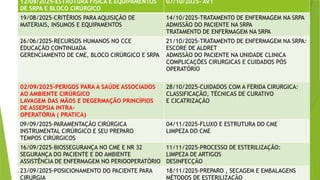 CRONOGRAMA
12/08/2025-ESTRUTURA FÍSICA E EQUIPAMENTOS
DE SRPA E BLOCO CIRÚRGICO
07/10/2025- AV1
19/08/2025-CRITÉRIOS PARA AQUISIÇÃO DE
MATERIAIS, INSUMOS E EQUIPAMENTOS
14/10/2025-TRATAMENTO DE ENFERMAGEM NA SRPA
ADMISSÃO DO PACIENTE NA SRPA
TRATAMENTO DE ENFERMAGEM NA SRPA
26/06/2025-RECURSOS HUMANOS NO CCE
EDUCAÇÃO CONTINUADA
GERENCIAMENTO DE CME, BLOCO CIRÚRGICO E SRPA
21/10/2025-TRATAMENTO DE ENFERMAGEM NA SRPA:
ESCORE DE ALDRET
ADMISSÃO DO PACIENTE NA UNIDADE CLINICA
COMPLICAÇÕES CIRURGICAS E CUIDADOS PÓS
OPERATÓRIO
02/09/2025-PERIGOS PARA A SAÚDE ASSOCIADOS
AO AMBIENTE CIRÚRGICO
LAVAGEM DAS MÃOS E DEGERMAÇÃO PRINCÍPIOS
DE ASSEPSIA INTRA-
OPERATÓRIA ( PRATICA)
28/10/2025-CUIDADOS COM A FERIDA CIRURGICA:
CLASSIFICAÇÃO, TÉCNICAS DE CURATIVO
E CICATRIZAÇÃO
09/09/2025-PARAMENTAÇÃO CIRÚRGICA
INSTRUMENTAL CIRÚRGICO E SEU PREPARO
TEMPOS CIRÚRGICOS
04/11/2025-FLUXO E ESTRUTURA DO CME
LIMPEZA DO CME
16/09/2025-BIOSSEGURANÇA NO CME E NR 32
SEGURANÇA DO PACIENTE E DO AMBIENTE
ASSISTÊNCIA DE ENFERMAGEM NO PERIOOPERATÓRIO
11/11/2025-PROCESSO DE ESTERILIZAÇÃO:
LIMPEZA DE ARTIGOS
DESINFECÇÃO
23/09/2025-POSICIONAMENTO DO PACIENTE PARA
CIRURGIA
18/11/2025-PREPARO , SECAGEM E EMBALAGENS
MÉTODOS DE ESTERILIZAÇÃO
 