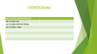 CRONOGRAMA
02/12/2025-REVISÃO PRA AV2
08/12/2025-AV2
16/12/2025-VISTA DE PROVA
23/12/2025- FINAL
 