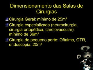 Dimensionamento das Salas de Cirurgias Cirurgia Geral: mínimo de 25m² Cirurgia especializada (neurocirurgia, cirurgia ortopédica, cardiovascular): mínimo de 36m² Cirurgia de pequeno porte: Oftalmo, OTR, endoscopia: 20m² 