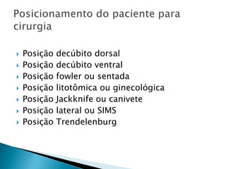 








Posição
Posição
Posição
Posição
Posição
Posição
Posição

decúbito dorsal
decúbito ventral
fowler ou sentada
litotômica ou ginecológica
Jackknife ou canivete
lateral ou SIMS
Trendelenburg

 