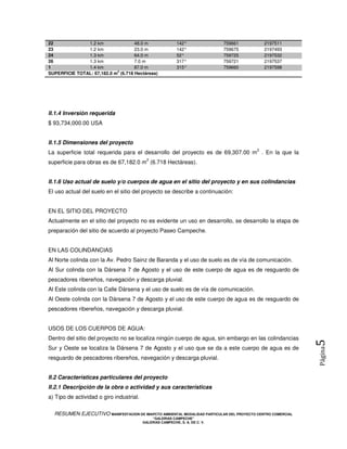 22             1.2 km                48.0 m                 142°              759661         2197511
23             1.2 km                23.0 m                 142°              759675         2197493
24             1.3 km                64.0 m                 52°               759725         2197532
26             1.3 km                7.0 m                  317°              759721         2197537
1              1.4 km                87.0 m                 315°              759660         2197598
SUPERFICIE TOTAL: 67,182.0 m2 (6.718 Hectáreas)




II.1.4 Inversión requerida
$ 93,734,000.00 USA


II.1.5 Dimensiones del proyecto
                                                                                         2
La superficie total requerida para el desarrollo del proyecto es de 69,307.00 m . En la que la
                                            2
superficie para obras es de 67,182.0 m (6.718 Hectáreas).


II.1.6 Uso actual de suelo y/o cuerpos de agua en el sitio del proyecto y en sus colindancias
El uso actual del suelo en el sitio del proyecto se describe a continuación:


EN EL SITIO DEL PROYECTO
Actualmente en el sitio del proyecto no es evidente un uso en desarrollo, se desarrollo la etapa de
preparación del sitio de acuerdo al proyecto Paseo Campeche.


EN LAS COLINDANCIAS
Al Norte colinda con la Av. Pedro Sainz de Baranda y el uso de suelo es de vía de comunicación.
Al Sur colinda con la Dársena 7 de Agosto y el uso de este cuerpo de agua es de resguardo de
pescadores ribereños, navegación y descarga pluvial.
Al Este colinda con la Calle Dársena y el uso de suelo es de vía de comunicación.
Al Oeste colinda con la Dársena 7 de Agosto y el uso de este cuerpo de agua es de resguardo de
pescadores ribereños, navegación y descarga pluvial.


USOS DE LOS CUERPOS DE AGUA:
Dentro del sitio del proyecto no se localiza ningún cuerpo de agua, sin embargo en las colindancias
                                                                                                            5

Sur y Oeste se localiza la Dársena 7 de Agosto y el uso que se da a este cuerpo de agua es de
                                                                                                            Página




resguardo de pescadores ribereños, navegación y descarga pluvial.


II.2 Características particulares del proyecto
II.2.1 Descripción de la obra o actividad y sus características
a) Tipo de actividad o giro industrial.

  RESUMEN EJECUTIVO MANIFESTACION DE IMAPCTO AMBIENTAL MODALIDAD PARTICULAR DEL PROYECTO CENTRO COMERCIAL
                                              “GALERIAS CAMPECHE”
                                          GALERIAS CAMPECHE, S. A. DE C. V.
 