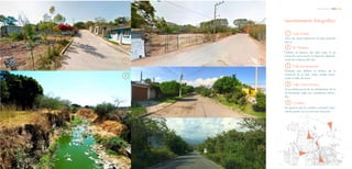 Levantamiento fotográfico
Calle Iturbide
Zona de casas habitación al lado poniente
del río
S
ARRIBA
Río Yautepec
Delimita el terreno del lado este, la ex
hacienda varía mucho la afluencia dependi-
endo de la época del año
Calle Apanquetzalco
Enrejado que delimita el terreno de la
hacienda en el lado oeste, puede obser-
varse la falta de acera
Calle Carlos Pacheco
Zona habitacional de los alrededores de la
Ex-Hacienda, calles con camellones arbola-
dos
Carretera
Se aprecia que la carretera principal única-
mente cuenta con un carril por dirección
52
1
3
4
20
Análisis Urbano
 