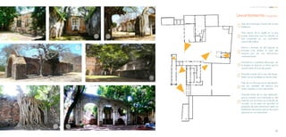 1 2 3
4
6 7
Levantamiento Fotográfico
Vista de la fachada Oriente de la casa
habitación
Vista interior de la capilla en la que
puede observarse que los árboles se
han convertido en una techumbre
natural del edificio
Interior y fachada sur del trapiche, la
fachada Luce distinta al resto del
conjunto por ser una intervención
contemporanea
Fachada sur y poniente del purgar, en
la imagen se observa un árbol que ha
crecido sobre el muro de piedra
Fachada oriente de la casa del hacen-
dado con las bodegas en planta baja
Vista de un árbol que se ha apropiado-
casi por completo del espacio que
antes ocupaba un muro de piedra
Fachada Norte de la casa habitación,
que en conjunto con la fachada sur del
trapiche, son las únicas con acabado de
concreto, no se sabe con exactitud el
propósito de esta intervención pero los
ejidatarios mencionan que se hizo para
aparecer en una telenovela
1
2
3
4
5
6
7
1
2
6
4
3
6
5
5
32
Análisis de Preextistencia
 