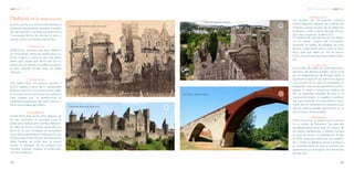 Historia de la restauración
La preocupación por la forma de intervenir el
patrimonio arquitectónico comenzó a media-
dos del siglo XIX, a continuación explicaré las
3 principales formas de abordar el tema y
quienes fueron sus primeros exponentes.
1. Restauración.
Viollet-le-Duc proponía que para restaurar
los monumentos, había que devolverlos a su
forma original (o como el cree que debió
haber sido), puesto que afirma que con las
partes que aún existen es posible reconstruir
el total cayendo muchas veces en falsos
históricos.
2. Conservación.
John Ruskin tenía una postura opuesta a
le-Duc, estaba a favor de la autenticidad
histórica, para él, la única intervención válida
es la conservación para evitar que quede en
ruina, sostenía que la recosntrucción es
totalmente irrespetuosa del valor histórico y
de la personalidad del edificio
3. Rehabilitación.
Camilo Boito llega pocos años después de
los dos anteriores, es conocido como el
padre de la restauración científica. Retoman-
do idéas de le-Duc y Ruskin, desarrolla una
tería en la que considera el monumento
como obra arquitecónica e histórica a la vez.
Propone que la intervención de restauración
debe hacerse de modo que las piezas
nuevas se distingan de las antiguas con
claridad, evitando engañar al observador
con falsos históricos.
Carcassone después de restauración
Carcassone antes después de la restauración a
a
a. Restauración.
Las murallas de Carcassonne, sufrieron
fuertes deterioros después de la Revolución
Francesa, aunque el peor de los deterioros
se llevaría a cabo a inicios del siglo XIX por
obra deun arquitecto, Viollet-le-Duc.
El propósito de esta intervencion era restau-
rar el estado original del monumento,
borrando las huellas de añadidos de otras
épocas y adecuando todo a como el arqui-
tecto creía que debió ser. Por tal motivo,
le-Duc fue acusado de producir falsos históri-
cos
b. Conservación.
Las murallas del castillo de Guimaraes fueron
escenario de diversas batallas, ahí se luchó
por la independencia de Portugal frente a
España en el siglo XII, por mencionar alguna.
Con el paso de los siglos el monumento ha
envejecido, como es de esperarse, los portu-
gueses lo saben y encuentran belleza en
ello, no pretenden maquillar de joven a un
monumento antiguo, lo respetan y permiten
que siga contando su propia historia, única-
mente dan el mantenimiento necesario para
que las piedras puedan permanecer en su
sitio el mayor tiempo posible
c. Rehabilitación.
El Pont Trencat es un puente que se encuen-
tra al oriente de Barcelona, fue destruido
estratégicamente para evitar el avance de
las tropas napoleónicas a España (aunque
no sirvió de mucho). La rehabilitación se hizo
en 2014, buscando evidenciar, con materia-
les y colores, la diferencia entre lo antiguo y
lo contemporaneo. Es esta la postura que
adoptaremos en el proyecto de intervención
de esta tesis.
Pont Trencat, Cataluña, España
Castillo de Guimaraes, Portugal
b
c
4039
C C A Referencias Arquitectónicas
 