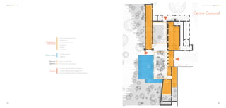 1 2
8
9
10
3
7 6 5
4
a
b
c
0 1 2 5 10
Centro Comunal
1. Sala de exposiciones
2. Biblioteca
3. Control de acceso
4. Dulcería
5. Baños
6. Auditorio
7. Administración
8. Talleres
9. Foro al aire libre
10. Zona de convivencia
a. Acceso desde Paseo Yautepec
b. Acceso desde zona deportiva
c. Acceso desde parque Apanquetzalco
Preexistencia
intervenida
Edificio nuevo
Espacios
abiertos
Accesos
7675
C C A Centro Comunal
 