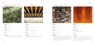 Vegetación Preexistente Cubiertas
Material
Módulo
Ubicación
Color
Descripción
Madera / Acero
Secciones con multiplos de 1.22cm
Espacios intervenidos y edificios nuevos
Maderia Natural / Gris oxford
Se eligió una estructura de acero para contrastar con la
edificación antigua, evidenciando las distintas etapas del
edificio.
Material
Módulo
Ubicación
Color
Descripción
Vegetación silvestre
Proporción aurea
Muros preexistentes
Verde
Después de analizar el estado de la ruina, se determi-
narán los sitios en que la vegetación no afecte al edificio.
Muros preexistentes Muros nuevos
Material
Módulo
Ubicación
Color
Descripción
Ladrillo rojo recocido
5.5 x 12 x 25 cm
-Muros de dificios nuevos
-Extensión de muros preexistentes
Terracota
El ladrillo rojo es un material que aparece en la ruina, Por tanto,
al intervenirla con este, se mantiene un vínculo entre las dos
épocas, a pesar de ello, las juntas a hueso contrastan con el
mortero de la preexistenia, haciendo evidente la diferencia
entre antiguo y contemporáneo.
Material
Módulo
Ubicación
Color
Descripción
Ladrillo rojo recocido
5.5 x 12 x 25 cm
Estructuras preexistentes
Gris / terracota / negro
Siglos atrás estaba recubierto por cal y pinturas de colores, el
tiempo lo ha desnudado y nos permite ver los materiales y
técnicas constructivas con que fueron edificados estos muros.
Se pretende aprovechar este acabado aparente, ya que
permite que el edificio mismo nos hable del sitio, el clima y sus
cambios a lo largo del tiempo.
8079
C C A Centro Comunal
 