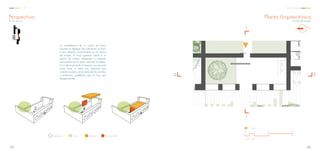 La rehabilitacion de la cocina de humo
consiste en agregar dos volúmenes, un muro
y una cubierta, convirtiendola en el control
de acceso. El muro quedará frente a la
puerta de acceso, obligando a rodearle
para poder ver el centro comunal, la cubier-
ta no abarcará todo el espacio, ya que esta
zona, tiene un árbol pre ºexistente que
cumple muy bien con la tarea de dar sombra
y ventilación, cualidades que no hay que
desaprovechar.
Perspectiva
E s q u e m a
ÁrbolPreexistencia Cubierta Muro de ladrillo
Planta Arquitectónica
Control de acceso
Acceso
N1
2’2
1’
Escala. 1:150
0 1 2 5 10
106105
C C A Centro Comunal
 
