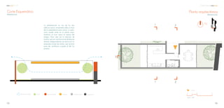 Corte Esquemático
Administración
La administración es uno de los dos
edificios nuevos, únicamente utiliza un muro
de la preexistencia para cerrar un patio,
como puede verse en la planta arqui-
tectónica, el muro nuevo se separa del
antiguo 10cm, esto con la intención de
mostrar que son construcciones de épocas
distintas, independientes una de la otra. La
propuesta incluye dos patios, que servirán
para dar ventilación cruzada al abir las
puertas.
PreexistenciaVentilación cruzada Árbol Muro de ladrillo Cubierta Cemento pulido
Escala. 1:100
0 1 2 5
N
Planta arquitectónica
Administración
1
3
1’
2
2’
Acceso
136135
C C A Centro Comunal
 