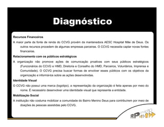 Diagnóstico
Recursos Financeiros
A maior parte da fonte de renda do CCVG provém da mantenedora AESC Hospital Mãe de Deus. Os
     outros recursos procedem de algumas empresas parceiras. O CCVG necessita captar novas fontes
     financeiras.
Relacionamento com os públicos estratégicos
A organização não promove ações de comunicação proativas com seus públicos estratégicos
     (Funcionários do CCVG e HMD, Diretoria e Conselho do HMD, Parceiros, Voluntários, Imprensa e
     Comunidade). O CCVG precisa buscar formas de envolver esses públicos com os objetivos da
     organização e informá-los sobre as ações desenvolvidas.
Identidade Visual
O CCVG não possui uma marca (logotipo), a representação da organização é feita apenas por meio do
     nome. É necessário desenvolver uma identidade visual que represente a entidade.
Mobilização Social
A instituição não costuma mobilizar a comunidade do Bairro Menino Deus para contribuírem por meio de
     doações às pessoas assistidas pelo CCVG.
 