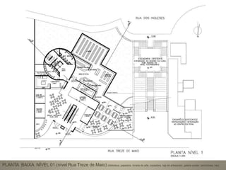 PLANTA  BAIXA  NÍVEL 01 (nível Rua Treze de Maio) (biblioteca, papelaria, livraria de arte, copiadora, loja de artesanato, galeria poster, lanchonete, bar)