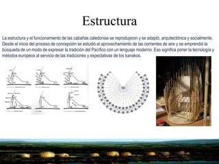 Estructura
La estructura y el funcionamiento de las cabañas caledonias se reprodujeron y se adaptó, arquitectónica y socialmente.
Desde el inicio del proceso de concepción se estudió el aprovechamiento de las corrientes de aire y se emprendió la
búsqueda de un modo de expresar la tradición del Pacífico con un lenguaje moderno. Eso significa poner la tecnología y
métodos europeos al servicio de las tradiciones y expectativas de los kanakos.
 