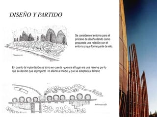 DISEÑO Y PARTIDO
Se considero el entorno para el
proceso de diseño dando como
propuesta una relación con el
entorno y que forme parte de ello.
En cuanto la implantación se tomo en cuenta que era el lugar era una reserva por lo
que se decidió que el proyecto no afecte al medio y que se adaptara al terreno
 