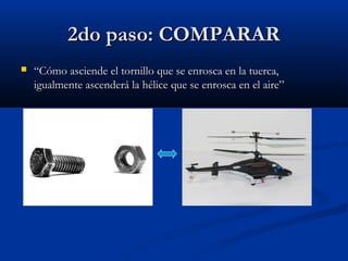 2do paso: COMPARAR2do paso: COMPARAR
 ““Cómo asciende el tornillo que se enrosca en la tuerca,Cómo asciende el tornillo que se enrosca en la tuerca,
igualmente ascenderá la hélice que se enrosca en el aire”igualmente ascenderá la hélice que se enrosca en el aire”
 