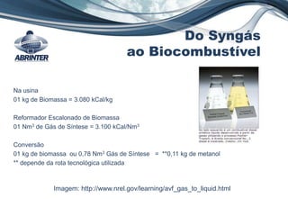 Na usina
01 kg de Biomassa = 3.080 kCal/kg
Reformador Escalonado de Biomassa
01 Nm3 de Gás de Síntese = 3.100 kCal/Nm3
Conversão
01 kg de biomassa ou 0,78 Nm3 Gás de Síntese = **0,11 kg de metanol
** depende da rota tecnológica utilizada
Imagem: http://www.nrel.gov/learning/avf_gas_to_liquid.html
Do Syngás
ao Biocombustível
 