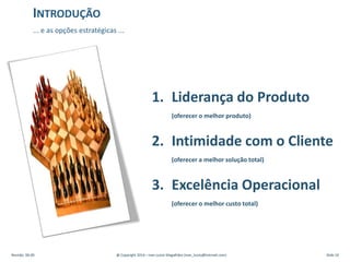 1. Liderança do Produto
(oferecer o melhor produto)
2. Intimidade com o Cliente
(oferecer a melhor solução total)
3. Excelência Operacional
(oferecer o melhor custo total)
Revisão: 00.00 @ Copyright 2014 – Ivan Luizio Magalhães (ivan_luizio@hotmail.com) Slide 10
INTRODUÇÃO
... e as opções estratégicas ...
 