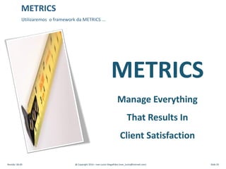 METRICS
Manage Everything
That Results In
Client Satisfaction
Revisão: 00.00 @ Copyright 2014 – Ivan Luizio Magalhães (ivan_luizio@hotmail.com) Slide 29
METRICS
Utilizaremos o framework da METRICS ...
 
