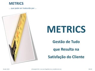 METRICS
Gestão de Tudo
que Resulta na
Satisfação do Cliente
Revisão: 00.00 @ Copyright 2014 – Ivan Luizio Magalhães (ivan_luizio@hotmail.com) Slide 30
METRICS
... que pode ser traduzido por ...
 