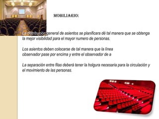 Función y especificaciones técnicas:Los centros de convenciones acomodan todas las actividades de una convención y exhibición bajo un mismo techo.Las salas serán de diversos tamaños, para reuniones de comisiones o cursos varios.Estas a su vez tendrán aire acondicionado central, y existirá una conexión para planta de emergencia en los salones de exhibiciones y eventos especiales, estaciones de parqueo efectos especiales de sonido, video y traducción simultanea.Se contará con una buena acústica e iluminación en la aplicación de los avances tecnológicos de los salones.
