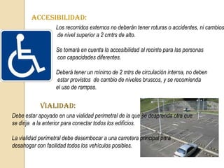 NORMAS DE INSTALACIONES:El edificio debe contar con instalaciones de agua potable y aguas servidas.El sistema eléctrico debe ser diseñado por un ingeniero eléctrico y contará con alta gama de sistemas que dote al edificio, de medios audiovisuales de alta tecnología y una iluminación distribuida. Es conveniente exista una buena señalización de áreas sanitarias, salida de emergencia y otros elementos que el usuario requiera para guiarse.Se deberá tomar en cuenta una altura mínima de 3 Mrs. para todos los ambientes.