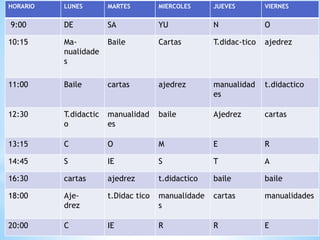 HORARIO LUNES MARTES MIERCOLES JUEVES VIERNES
9:00 DE SA YU N O
10:15 Ma-
nualidade
s
Baile Cartas T.didac-tico ajedrez
11:00 Baile cartas ajedrez manualidad
es
t.didactico
12:30 T.didactic
o
manualidad
es
baile Ajedrez cartas
13:15 C O M E R
14:45 S IE S T A
16:30 cartas ajedrez t.didactico baile baile
18:00 Aje-
drez
t.Didac tico manualidade
s
cartas manualidades
20:00 C IE R R E
 