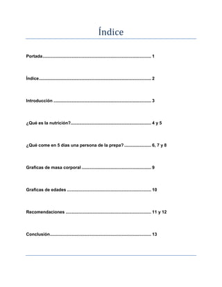 Índice
Portada......................................................................................... 1
Índice............................................................................................ 2
Introducción ................................................................................ 3
¿Qué es la nutrición?.................................................................. 4 y 5
¿Qué come en 5 días una persona de la prepa? ...................... 6, 7 y 8
Graficas de masa corporal ......................................................... 9
Graficas de edades ..................................................................... 10
Recomendaciones ...................................................................... 11 y 12
Conclusión................................................................................... 13
 