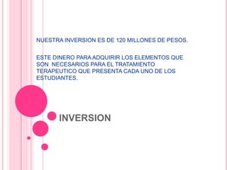 Está dirigido inicialmente a la población de la Universidad Pontifica Bolivariana (seccional Bucaramanga). Pero la esta idea es que sea utilizado por todas las Universidades, ya que las emociones son las mismas en todos los lugares , y estas afectan en gran parte el estado emocional de los estudiantes alterándolo de manera significativa.INVERSIONNUESTRA INVERSION ES DE 120 MILLONES DE PESOS.ESTE DINERO PARA ADQUIRIR LOS ELEMENTOS QUE SON  NECESARIOS PARA EL TRATAMIENTO TERAPEUTICO QUE PRESENTA CADA UNO DE LOS ESTUDIANTES.