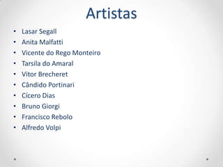 Artistas
•   Lasar Segall
•   Anita Malfatti
•   Vicente do Rego Monteiro
•   Tarsila do Amaral
•   Vitor Brecheret
•   Cândido Portinari
•   Cícero Dias
•   Bruno Giorgi
•   Francisco Rebolo
•   Alfredo Volpi
 