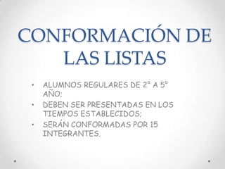 CONFORMACIÓN DE
LAS LISTAS
• ALUMNOS REGULARES DE 2° A 5°
AÑO;
• DEBEN SER PRESENTADAS EN LOS
TIEMPOS ESTABLECIDOS;
• SERÁN CONFORMADAS POR 15
INTEGRANTES.
 