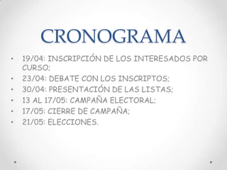 CRONOGRAMA
• 19/04: INSCRIPCIÓN DE LOS INTERESADOS POR
CURSO;
• 23/04: DEBATE CON LOS INSCRIPTOS;
• 30/04: PRESENTACIÓN DE LAS LISTAS;
• 13 AL 17/05: CAMPAÑA ELECTORAL;
• 17/05: CIERRE DE CAMPAÑA;
• 21/05: ELECCIONES.
 