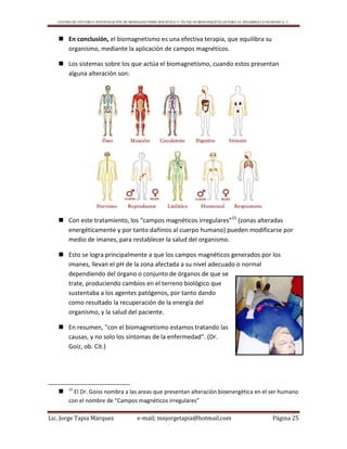CENTRO DE ESTUDIO E INVESTIGACIÓN DE BIOMAGNETISMO HOLÍSTICO Y TÉCNICAS BIOENERGÉTICAS PARA EL DESARROLLO HUMANO A. C.
Lic. Jorge Tapia Márquez e-mail; mnjorgetapia@hotmail.com Página 25
 En conclusión, el biomagnetismo es una efectiva terapia, que equilibra su
organismo, mediante la aplicación de campos magnéticos.
 Los sistemas sobre los que actúa el biomagnetismo, cuando estos presentan
alguna alteración son:
 Con este tratamiento, los “campos magnéticos irregulares”15
(zonas alteradas
energéticamente y por tanto dañinos al cuerpo humano) pueden modificarse por
medio de imanes, para restablecer la salud del organismo.
 Esto se logra principalmente a que los campos magnéticos generados por los
imanes, llevan el pH de la zona afectada a su nivel adecuado o normal
dependiendo del órgano o conjunto de órganos de que se
trate, produciendo cambios en el terreno biológico que
sustentaba a los agentes patógenos, por tanto dando
como resultado la recuperación de la energía del
organismo, y la salud del paciente.
 En resumen, "con el biomagnetismo estamos tratando las
causas, y no solo los síntomas de la enfermedad". (Dr.
Goiz, ob. Cit.)
 15
El Dr. Goiss nombra a las areas que presentan alteración bioenergética en el ser humano
con el nombre de “Campos magnéticos irregulares”
 