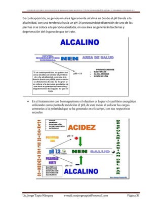CENTRO DE ESTUDIO E INVESTIGACIÓN DE BIOMAGNETISMO HOLÍSTICO Y TÉCNICAS BIOENERGÉTICAS PARA EL DESARROLLO HUMANO A. C.
Lic. Jorge Tapia Márquez e-mail; mnjorgetapia@hotmail.com Página 31
En contraposición, se genera un área ligeramente alcalina en donde el pH tiende a la
alcalinidad, con una tendencia hacia un pH 14 provocándose distención de uno de las
piernas si se coloca a la persona acostada, en esa área se generarán bacterias y
degeneración del órgano de que se trate.
 En el tratamiento con biomagnetismo el objetivo es lograr el equilibrio energético
utilizando como punto de medición el pH, de este modo al colocar las cargas
contrarias a la polaridad que se ha generado en el cuerpo, con sus respectivas
secuelas
 