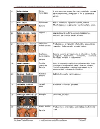 CENTRO DE ESTUDIO E INVESTIGACIÓN DE BIOMAGNETISMO HOLÍSTICO Y TÉCNICAS BIOENERGÉTICAS PARA EL DESARROLLO HUMANO A. C.
Lic. Jorge Tapia Márquez e-mail; mnjorgetapia@hotmail.com Página 49
21 Bulbo – Vejiga Dengue
hemorrágico
Trastornos respiratorios. Secretan cantidades grandes
de mucoproteinas, al impactar el par es posible que
vomite
22 Bursa – Bursa Actinomices
Bacteria
Afecta al hombro, rigidez de hombro, bursitis.
Manifestaciones en garganta y cuello. Mal olor axilar.
23 Cabeza páncreas –Hígado Hepatitis K La provoca una bacteria, son estafilococos. Los
síntomas son diarrea, náusea, vómito.
24 Cabeza Páncreas – Páncreas Intoxicación
metales pesados
Producida por la ingestión, inhalación o absorción de
cualquiera de los metales pesados tóxicos.
25 Cabeza Páncreas–Suprarrenales Estafilococo
áureo coagulasa
Bacteria
Bacteria causante principalmente de infección en heridas
quirúrgicas, bacteriemias, endocarditis, neumonía,
abscesos e infección de vías urinarias.
26 Cadera – Cadera Clamidia
neumoniae
Bacteria
Afecta los sistemas de coagulación y produce sangrados, simula
neumonía, en la mujer da flujo vaginal y sangrado, epistaxis.
Principal causa de cáncer cervicouterino si se asocia con la
pseudomona o la yersinia dando falso cáncer
27 Calcáneo – Calcáneo Rickettsia
Bacteria
Debilidad muscular y articulaciones
28 Cáliz Renal – Urétero Herpes V
Virus
Problemas urinarios y genitales
29 Canto Ojo - Canto Del Ojo Aspergilus Glaucoma, catarata.
30 Cápsula Renal– Cáp Renal Proteus mirabilis
Bacteria
Produce lupus eritematoso sistemático. Insuficiencia
renal
 