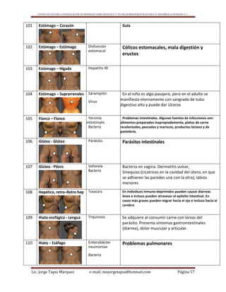 CENTRO DE ESTUDIO E INVESTIGACIÓN DE BIOMAGNETISMO HOLÍSTICO Y TÉCNICAS BIOENERGÉTICAS PARA EL DESARROLLO HUMANO A. C.
Lic. Jorge Tapia Márquez e-mail; mnjorgetapia@hotmail.com Página 57
101 Estómago – Corazón Gula
102 Estómago – Estómago Disfunción
estomacal
Cólicos estomacales, mala digestión y
eructos
103 Estómago – Hígado Hepatitis M
104 Estómago – Suprarrenales Sarampión
Virus
En el niño es algo pasajero, pero en el adulto se
manifiesta eternamente con sangrado de tubo
digestivo alto y puede dar úlceras
105 Flanco – Flanco Yersinia
intestinalis
Bacteria
Problemas intestinales. Algunas fuentes de infecciones son:
alimentos preparados inapropiadamente, platos de carne
recalentados, pescados y mariscos, productos lácteos y de
pastelería.
106 Glúteo - Glúteo Parásito. Parásitos intestinales
107 Glúteo - Píloro Vellonela
Bacteria
Bacteria en vagina. Dermatitis vulvar,
Sinequias (cicatrices en la cavidad del útero, en que
se adhieren las paredes una con la otra), labios
menores
108 Hepático, retro–Retro hep Toxacara En individuos inmuno-deprimidos pueden causar diarreas
leves e incluso pueden atravesar el epitelio intestinal. En
casos más graves pueden migrar hacia el ojo e incluso hacia el
cerebro
109 Hiato esofágico - Lengua Triquinosis Se adquiere al consumir carne con larvas del
parásito. Presenta síntomas gastrointestinales
(diarrea), dolor muscular y articular.
110 Hiato – Esófago Enterobácter
neumoniae
Bacteria
Problemas pulmonares
 