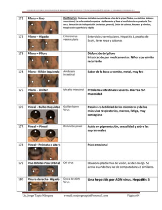 CENTRO DE ESTUDIO E INVESTIGACIÓN DE BIOMAGNETISMO HOLÍSTICO Y TÉCNICAS BIOENERGÉTICAS PARA EL DESARROLLO HUMANO A. C.
Lic. Jorge Tapia Márquez e-mail; mnjorgetapia@hotmail.com Página 64
171 Píloro – Ano Hantavirus. Síntomas iníciales muy similares a los de la gripe (fiebre, escalofríos, dolores
musculares) La enfermedad empeora rápidamente y lleva a insuficiencia respiratoria. Tos
seca, Sensación de indisposición (malestar general), Dolor de cabeza, Nauseas y vómitos,
Respiración superficial y rápida
172 Píloro – Hígado Enterovirus
vermicularis
Enterobios vermiculares. Hepatitis J, prueba de
Scott, Iavar ropa y sabanas
173 Píloro – Píloro Disfunción del píloro
Intoxicación por medicamentos. Niños con vómito
recurrente
174 Píloro - Riñón Izquierdo Amibiasis
intestinal
Sabor de la boca a vomito, metal, muy feo
175 Píloro – Uréter Micelio intestinal Problemas intestinales severos. Diarrea con
mucosidad
176 Pineal - Bulbo Raquídeo Guillan barre
Virus
Parálisis y debilidad de los miembros y de los
músculos respiratorios, mareos, fatiga, muy
contagioso
177 Pineal – Pineal Disfunción pineal Actúa en pigmentación, sexualidad y sobre las
suprarrenales
178 Pineal– Próstata o útero Psico-emocional
179 Piso Orbital-Piso Orbital Orí virus Ocasiona problemas de visión, acidez en ojo. Se
activa cuando hay luz de computadoras o similares.
180 Pleura derecha- Hígado Única de ADN
Virus
Una hepatitis por ADN virus. Hepatitis B
 