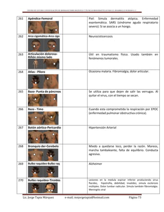 CENTRO DE ESTUDIO E INVESTIGACIÓN DE BIOMAGNETISMO HOLÍSTICO Y TÉCNICAS BIOENERGÉTICAS PARA EL DESARROLLO HUMANO A. C.
Lic. Jorge Tapia Márquez e-mail; mnjorgetapia@hotmail.com Página 73
261 Apéndice-Femoral Piel: Simula dermatitis atópica. Enfermedad
exantemática. SARS (síndrome agudo respiratorio
severo): Si se asocia a un hongo.
262 Arco cigomático-Arco cigo Neurocisticercosis
263 Articulación dolorosa-
Riñón mismo lado
Útil en traumatismo físico. Usado también en
fenómenos tumorales.
264 Atlas - Píloro Ocasiona malaria. Fibromialgia, dolor articular.
265 Bazo- Punta de páncreas Se utiliza para que dejen de salir las verrugas. Al
quitar el virus, con el tiempo se secan.
266 Bazo - Timo Cuando esta comprometida la respiración por EPOC
(enfermedad pulmonar obstructiva crónica).
267 Botón aórtico-Pericardio Hipertensión Arterial
268 Bronquio der-Cerebelo Miedo a quedarse loco, perder la razón. Mareos,
marcha tambaleante, falta de equilibrio. Conducta
agresiva.
269 Bulbo raquídeo-Bulbo raq Alzheimer
270 Bulbo raquídeo-Tiroides Lesiones en la medula espinar inferior produciendo virus
flacidez, hipotrofia, debilidad, invalidez, simula esclerosis
múltiples. Dolor lumbar radicular. Simula también fibromialgia.
Meningitis viral
 