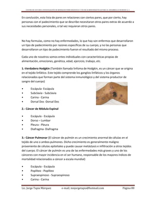 CENTRO DE ESTUDIO E INVESTIGACIÓN DE BIOMAGNETISMO HOLÍSTICO Y TÉCNICAS BIOENERGÉTICAS PARA EL DESARROLLO HUMANO A. C.
Lic. Jorge Tapia Márquez e-mail; mnjorgetapia@hotmail.com Página 80
En conclusión, esta lista de pares en relaciones con ciertos pares, que por cierto, hay
personas con el padecimiento que se describe necesitaran otros pares extras de acuerdo a
sus necesidades personales, o tal vez requieran otros pares.
No hay formulas, como no hay enfermedades, lo que hay son enfermos que desarrollaron
un tipo de padecimiento por razones específicas de su cuerpo, y no las personas que
desarrollaron un tipo de padecimiento fueron el resultado del mismo proceso.
Cada uno de nosotros somos entes individuales con características propias de
alimentación, emociones, genética, edad, ejercicio, trabajo, etc.
1.-Verdadero Hodgkin (También llamada linfoma de Hodgkin, es un cáncer que se origina
en el tejido linfático. Este tejido comprende los ganglios linfáticos y los órganos
relacionados que forman parte del sistema inmunológico y del sistema productor de
sangre del cuerpo)
• Escápula- Escápula
• Subclavia - Subclavia
• Carina - Carina
• Dorsal Dos -Dorsal Dos
2.- Cáncer de Médula Espinal
• Escápula - Escápula
• Dorso – Lumbar
• Pleura - Pleura
• Diafragma- Diafragma
3.- Cáncer Pulmonar (El cáncer de pulmón es un crecimiento anormal de células en el
tejido de uno o ambos pulmones. Dicho crecimiento es generalmente maligno
proveniente de células epiteliales y puede causar metástasis e infiltración a otros tejidos
del cuerpo. El cáncer de pulmón es una de las enfermedades más graves y uno de los
cánceres con mayor incidencia en el ser humano, responsable de los mayores índices de
mortalidad relacionados a cáncer a escala mundial)
• Escápula - Escápula
• Poplíteo - Poplíteo
• Supraespinoso - Supraespinoso
• Carina - Carina
 