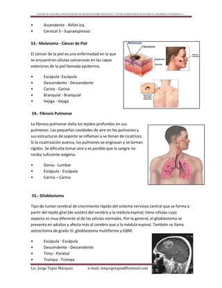 CENTRO DE ESTUDIO E INVESTIGACIÓN DE BIOMAGNETISMO HOLÍSTICO Y TÉCNICAS BIOENERGÉTICAS PARA EL DESARROLLO HUMANO A. C.
Lic. Jorge Tapia Márquez e-mail; mnjorgetapia@hotmail.com Página 91
• Ascendente - Riñón izq.
• Cervical 3 - Supraespinoso
53.- Melanoma - Cáncer de Piel
El cáncer de la piel es una enfermedad en la que
se encuentran células cancerosas en las capas
exteriores de la piel llamada epidermis.
• Escápula- Escápula
• Descendente - Descendente
• Carina - Carina
• Branquial - Branquial
• Vejiga - Vejiga
54.- Fibrosis Pulmonar
La fibrosis pulmonar daña los tejidos profundos en sus
pulmones. Las pequeñas cavidades de aire en los pulmones y
sus estructuras de soporte se inflaman y se llenan de cicatrices.
Si la cicatrización avanza, los pulmones se engrosan y se tornan
rígidos. Se dificulta tomar aire y es posible que la sangre no
reciba suficiente oxígeno.
• Dorso - Lumbar
• Escápula - Escápula
• Carina – Carina
55.- Glioblastoma
Tipo de tumor cerebral de crecimiento rápido del sistema nervioso central que se forma a
partir del tejido glial (de sostén) del cerebro y la médula espinal; tiene células cuyo
aspecto es muy diferente al de las células normales. Por lo general, el glioblastoma se
presenta en adultos y afecta más al cerebro que a la médula espinal. También se llama
astrocitoma de grado IV, glioblastoma multiforme y GBM.
• Escápula - Escápula
• Descendente - Descendente
• Timo - Parietal
• Trompa - Trompa
 