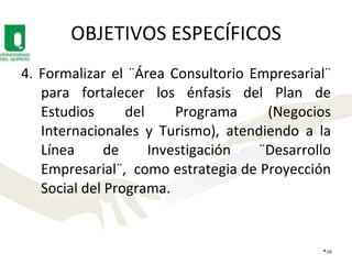 OBJETIVOS ESPECÍFICOS 4. Formalizar el ¨Área Consultorio Empresarial¨ para fortalecer los énfasis del Plan de Estudios del Programa (Negocios Internacionales y Turismo), atendiendo a la Línea de Investigación ¨Desarrollo Empresarial¨,  como estrategia de Proyección Social del Programa. 