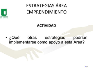 ESTRATEGIAS ÁREA EMPRENDIMIENTO ACTIVIDAD ¿Qué otras estrategias podrían implementarse como apoyo a esta Área? 