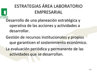 ESTRATEGIAS ÁREA LABORATORIO EMPRESARIAL Desarrollo de una planeación estratégica y operativa de las acciones y actividades a desarrollar. Gestión de recursos institucionales y propios que garanticen el sostenimiento económico. La evaluación periódica y permanente de las actividades que se desarrollan. 